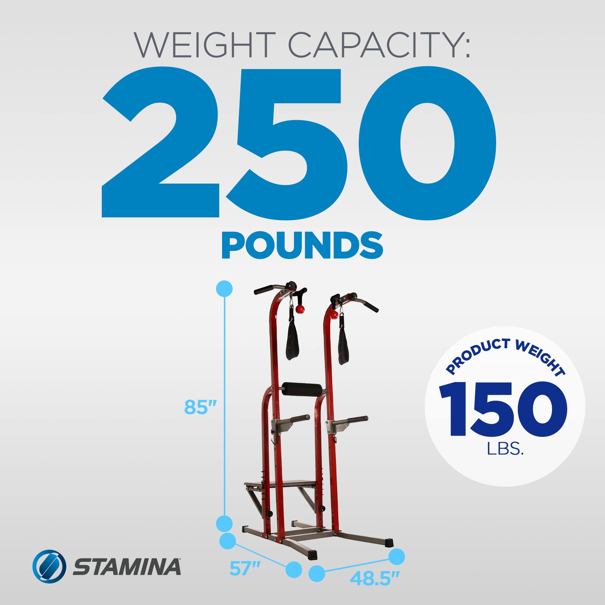 WEIGHT CAPACITY: 250 POUNDS  
PRODUCT WEIGHT: 150 LBS.  
STAMINA  
57" x 48.5"