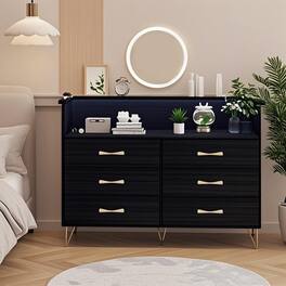 GARVEE - 6 Drawer Dresser with LED Lights and Charging Station, Double Wide Chest with Shelf for Bedroom - Black