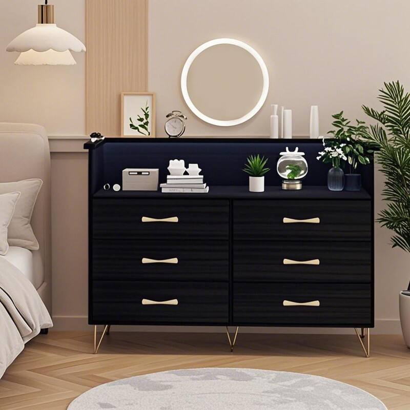 Front. GARVEE - 6 Drawer Dresser with LED Lights and Charging Station, Double Wide Chest with Shelf for Bedroom, Black - Black.