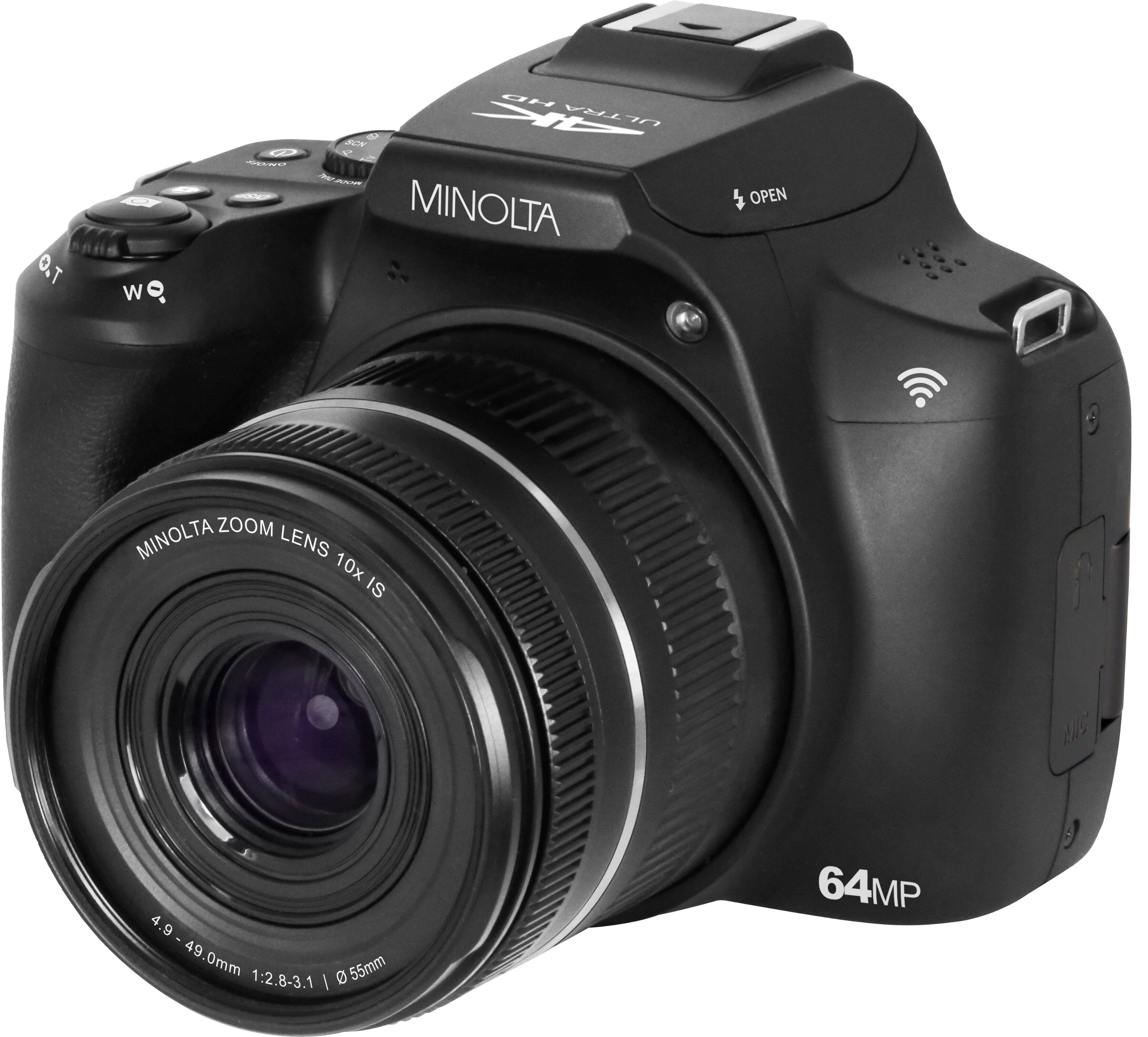 The text on the image reads: "Minolta Open Zoom Lens 10x 49.0mm 1:2.8-3.1 0.55mm 64MP."