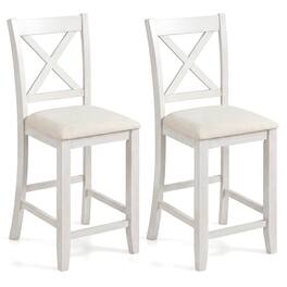 Costway - Rubber Wooden Bar Stools Set of 2 with Footrest Comfortable Linen Cushion - White