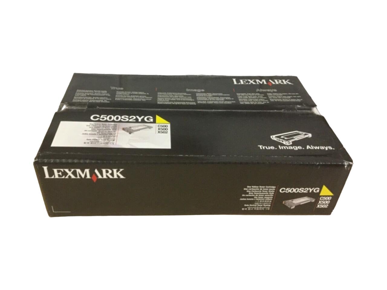 Sure, here is the corrected and grouped text from the image:

---

**LEXMARK**

**C500S2YG**

**True. Image. Always.**

**C500S2YG**

**C500 X500 X502**

---

This text is taken from the packaging of the Lexmark C500S2YG toner cartridge.