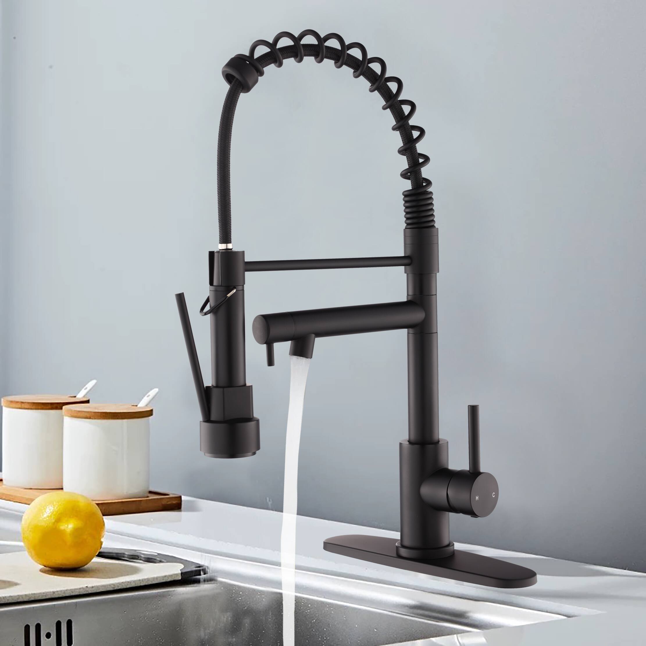 Left. DOMETOUR - Kitchen Faucet with Pull Down Sprayer, Touch On Single Handle 2- Function Stainless Steel Spring Neck - Matte Black.