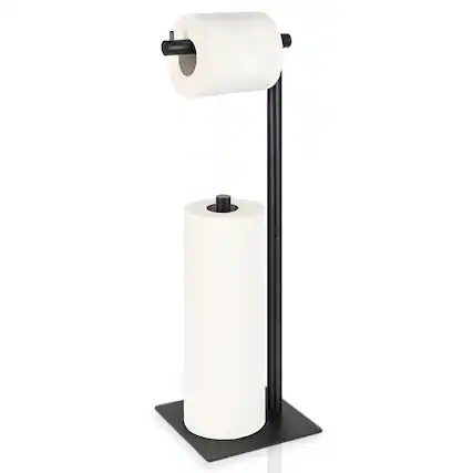 Front. Oumilen - Matte Black Freestanding Paper Towel Holder, 2-in-1 Metal Standing Toilet Roll Storage Rack.