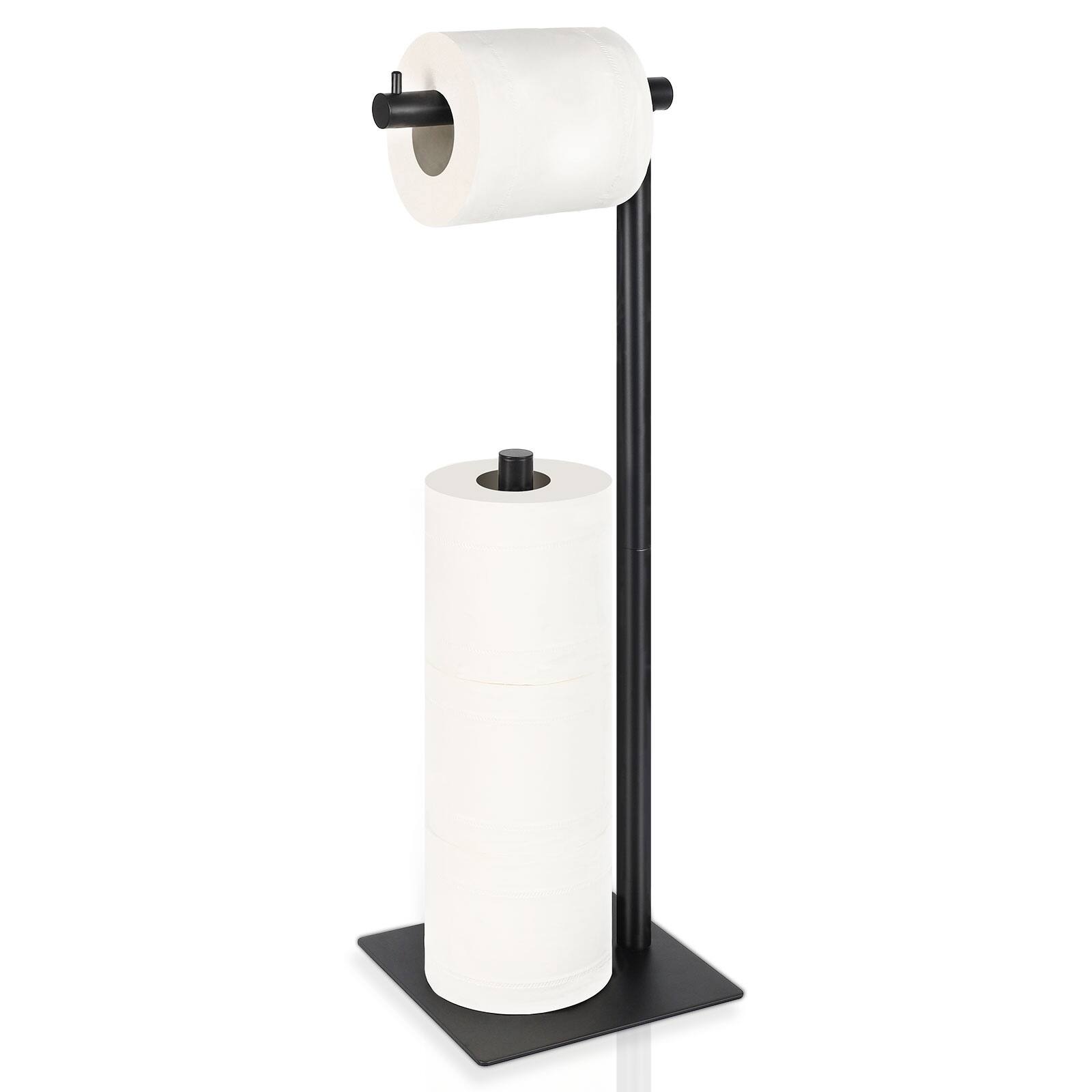 Front. Oumilen - Matte Black Freestanding Paper Towel Holder, 2-in-1 Metal Standing Toilet Roll Storage Rack.