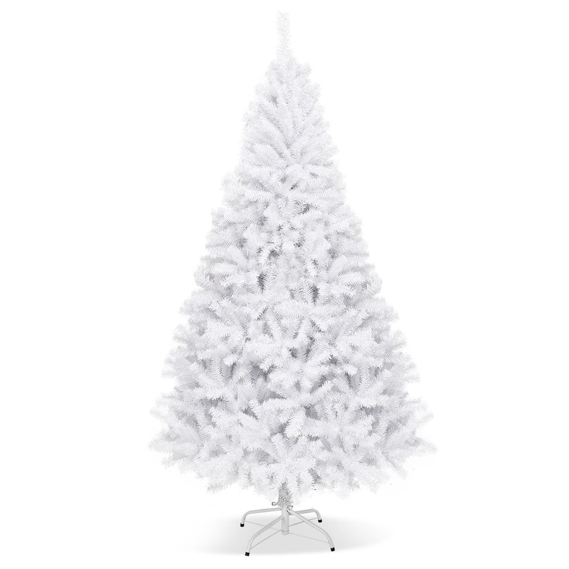 WELLFOR - Artificial Christmas Tree, 7.5 FT Unlit Holiday Decoration, Hinged Xmas Tree with Metal Stand - White