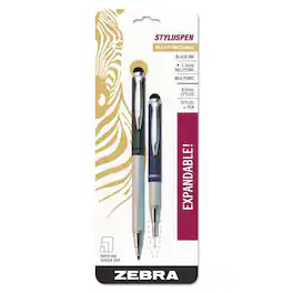 Zebra - 33602 StylusPen Medium 1 mm Retractable Telescopic Ballpoint Pen/Stylus - Black Ink/ Barrel (2/Pack) - Blue/Gray
