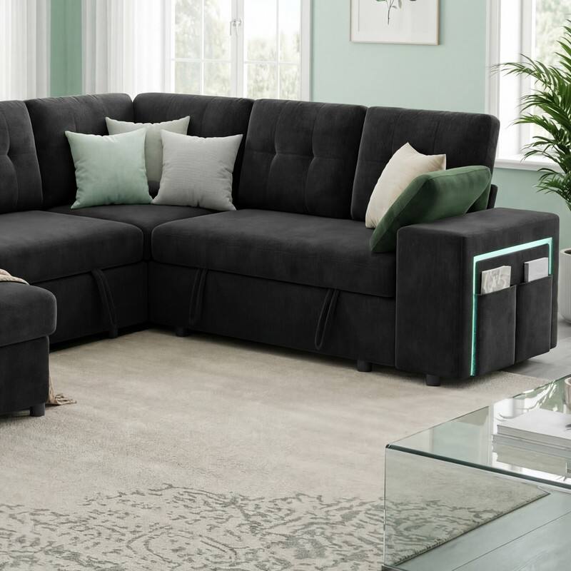 Alt View 2. Dyonery - Dyonery 112" Modular Convertible Sectional Sleeper Sofa with Pull Out Bed,Linen Convertible Couch with Storage Seat - Black.