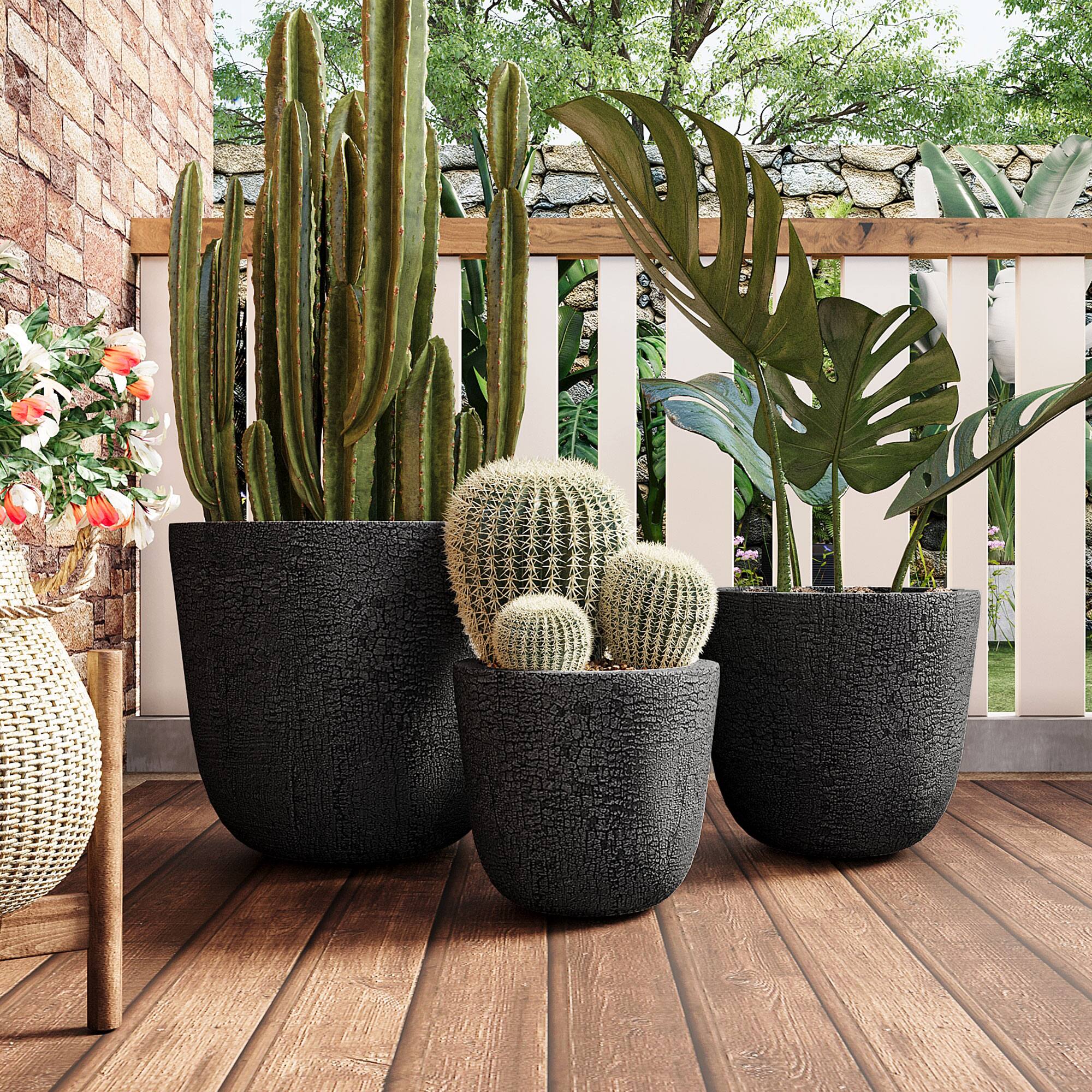 Angle. Mondawe - MGO Round Stackable Planter Set with Drainage Holes and Rubber Plug,-3 Sizes (16.93"/3.78"/11.02") - Black.