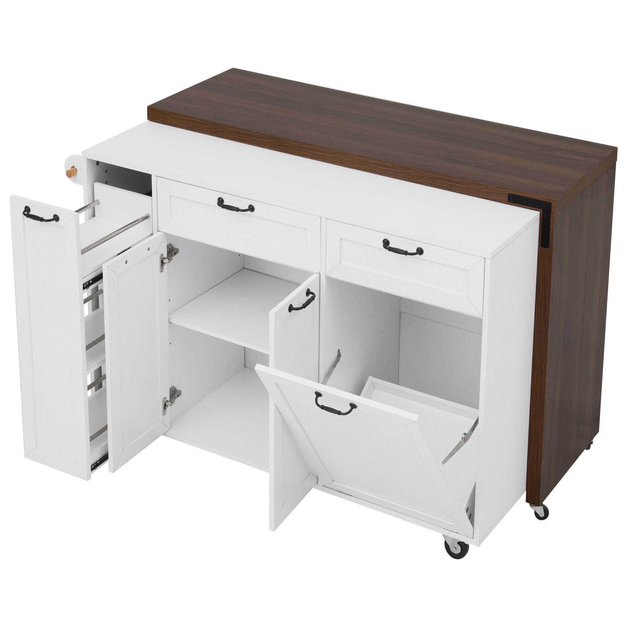 Left. Whisen - 102" Extendable Dining Table, Rolling Island Cart with Trash Storage & Spice Rack for Dining Room - White.