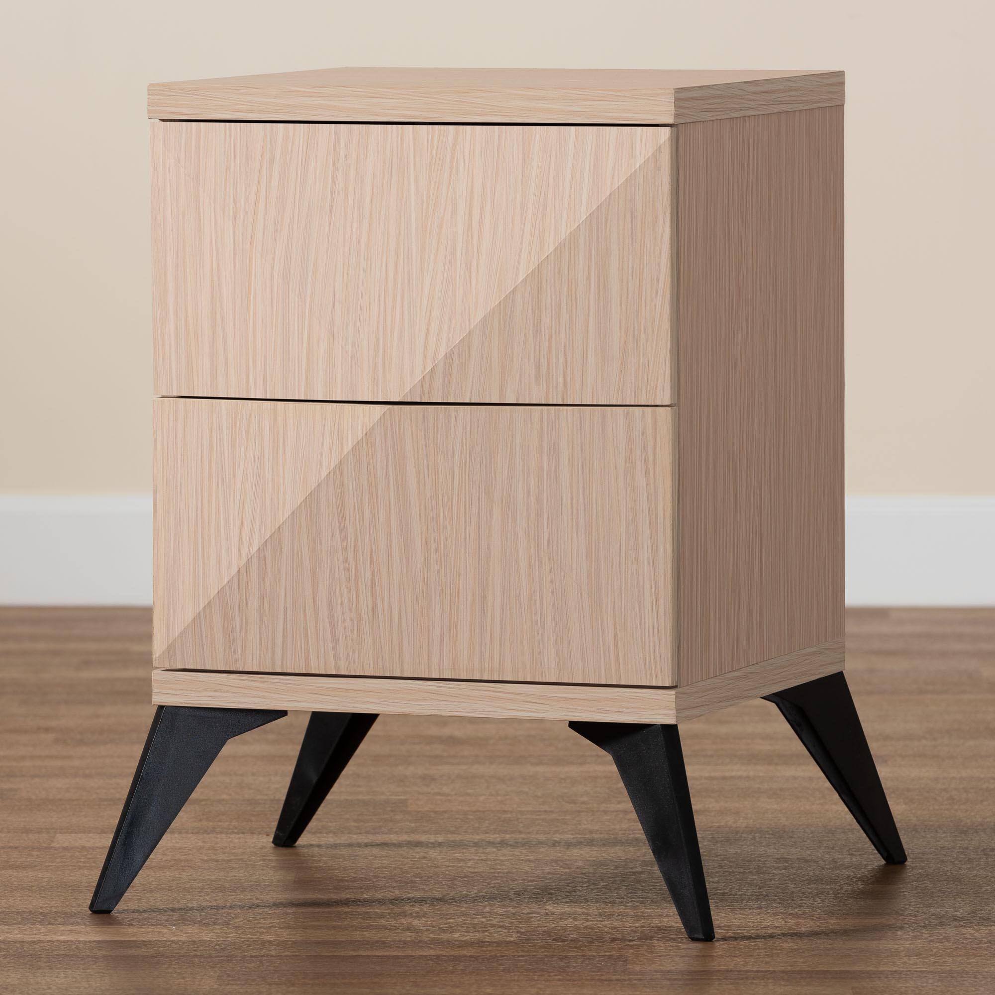 Alt View 4. Baxton Studio - Draper Mid-Century Modern Wood 2-Drawer Nightstand - Light Brown/Dark Brown.