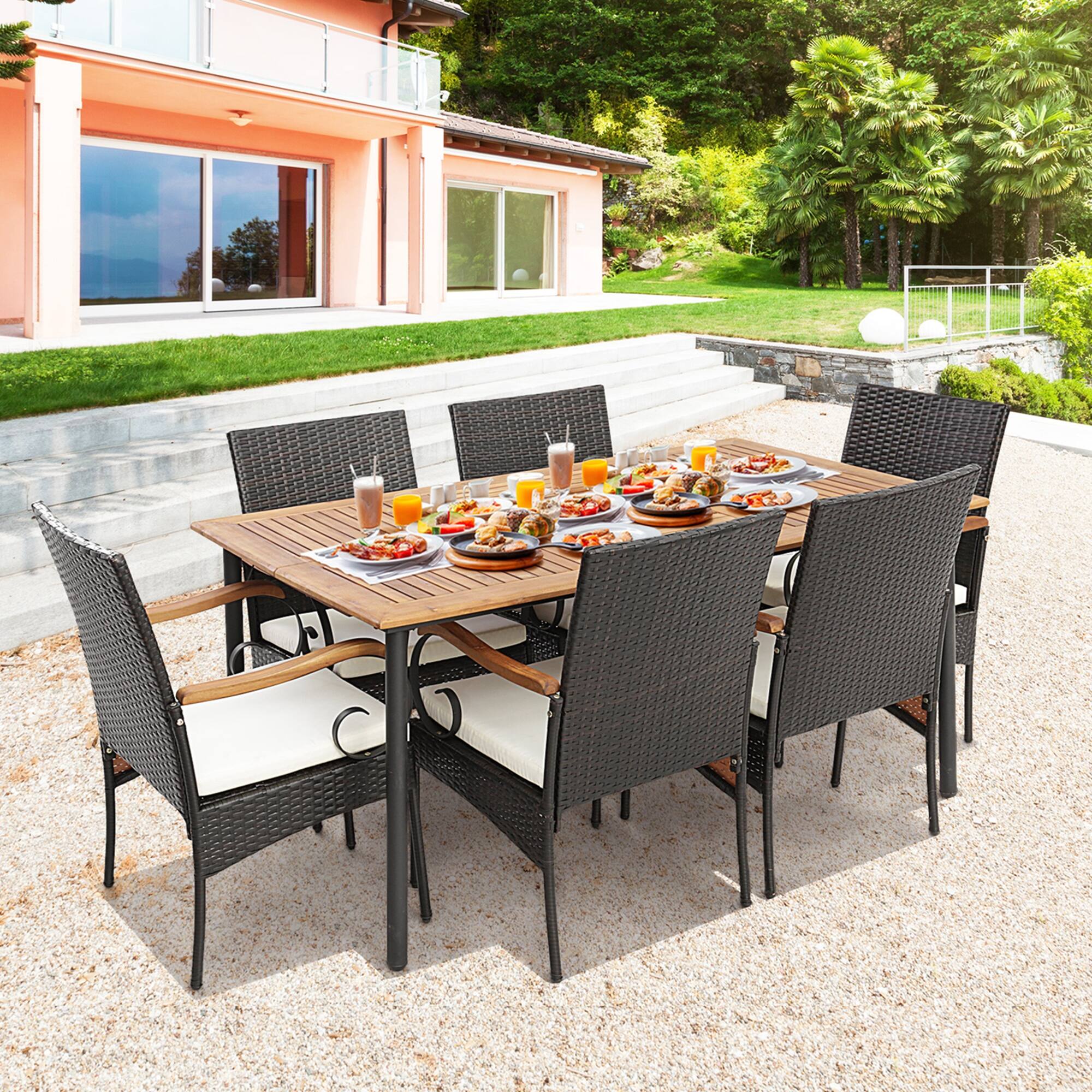 Alt View 1. Costway - Costway 7PCS Patio Wicker Dining Set Acacia Wood Armrests Table with Detachable Cushions &Umbrella Hole - Natural/Black/Mix Brown.