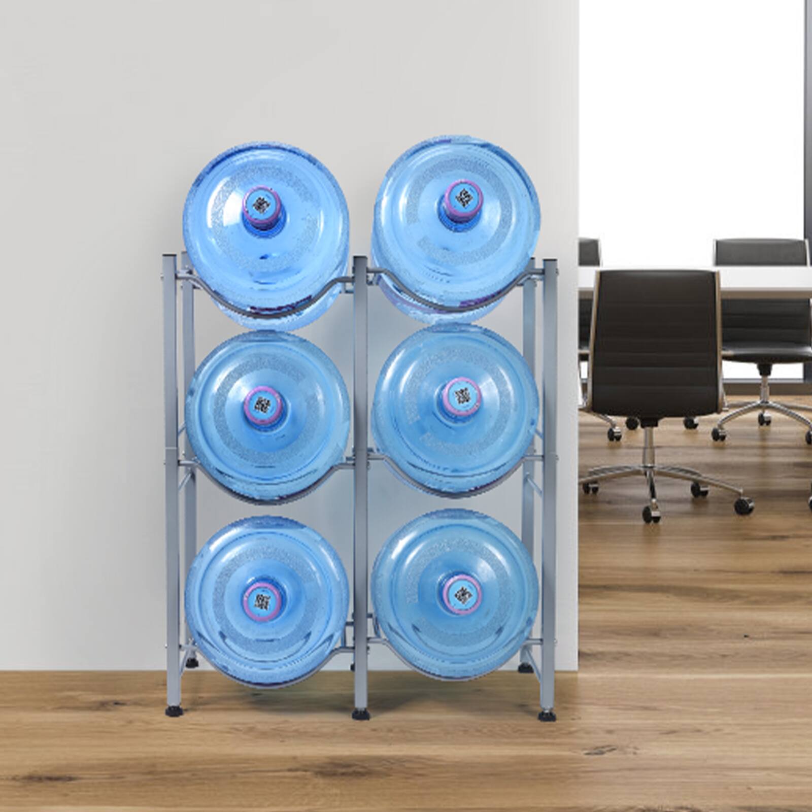 Alt View 2. Oumilen - 3-Tier Double Column Water Jug Rack, 6-Capacity Square Tube 5 Gallon Water Bottle Storage Stand with Adjustable Feet - Silver.