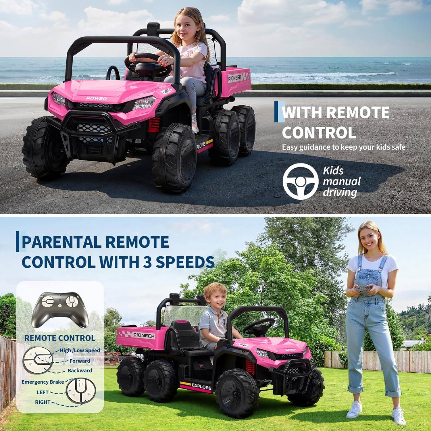 **WITH REMOTE CONTROL**  
Easy guidance to keep your kids safe  
Kids manual driving  

**PIONEER**  

**PARENTAL REMOTE CONTROL WITH 3 SPEEDS**  
- High / Low Speed  
- Forward  
- Backward  
- Emergency Brake  
- LEFT  
- RIGHT  

**REMOTE CONTROL**  
- High / Low Speed  
- Forward  
- Backward  
- Emergency Brake  
- LEFT  
- RIGHT  

**PIONEER**  
**EXPLORE**