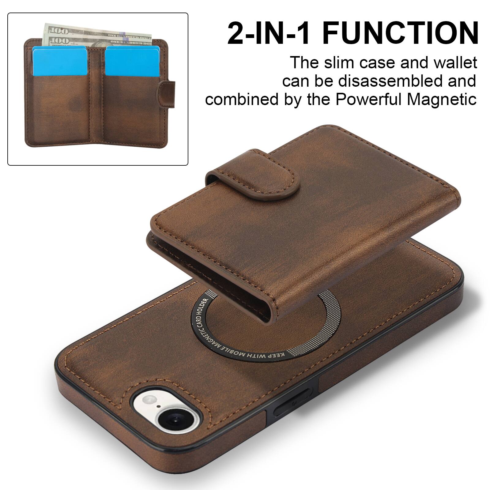 2-IN-1 FUNCTION  
The slim case and wallet can be disassembled and combined by the Powerful Magnetic HOLDER.