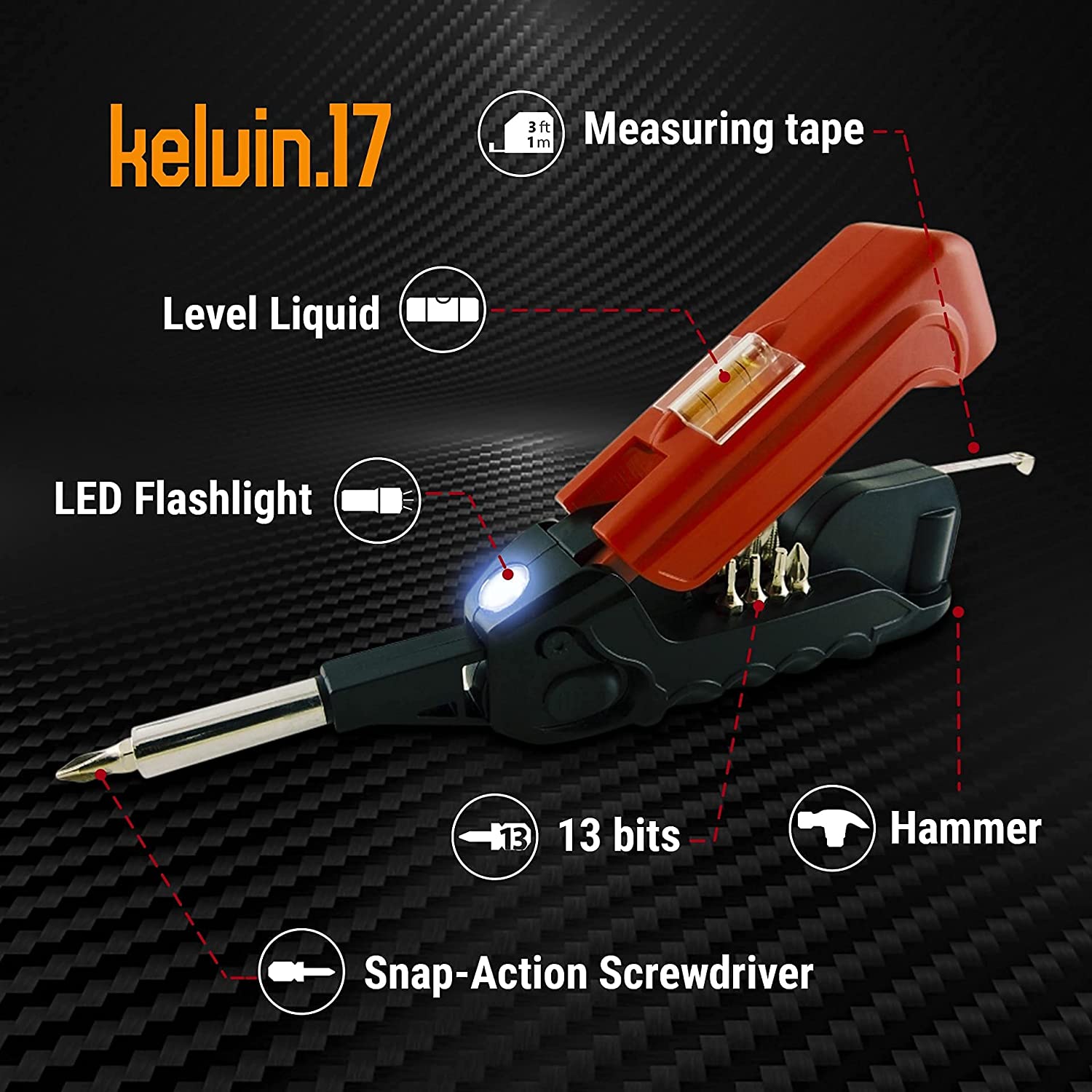 kelvin.17

- Measuring tape (3ft / 1m)
- Level Liquid
- LED Flashlight
- 13 bits
- Snap-Action Screwdriver
- Hammer