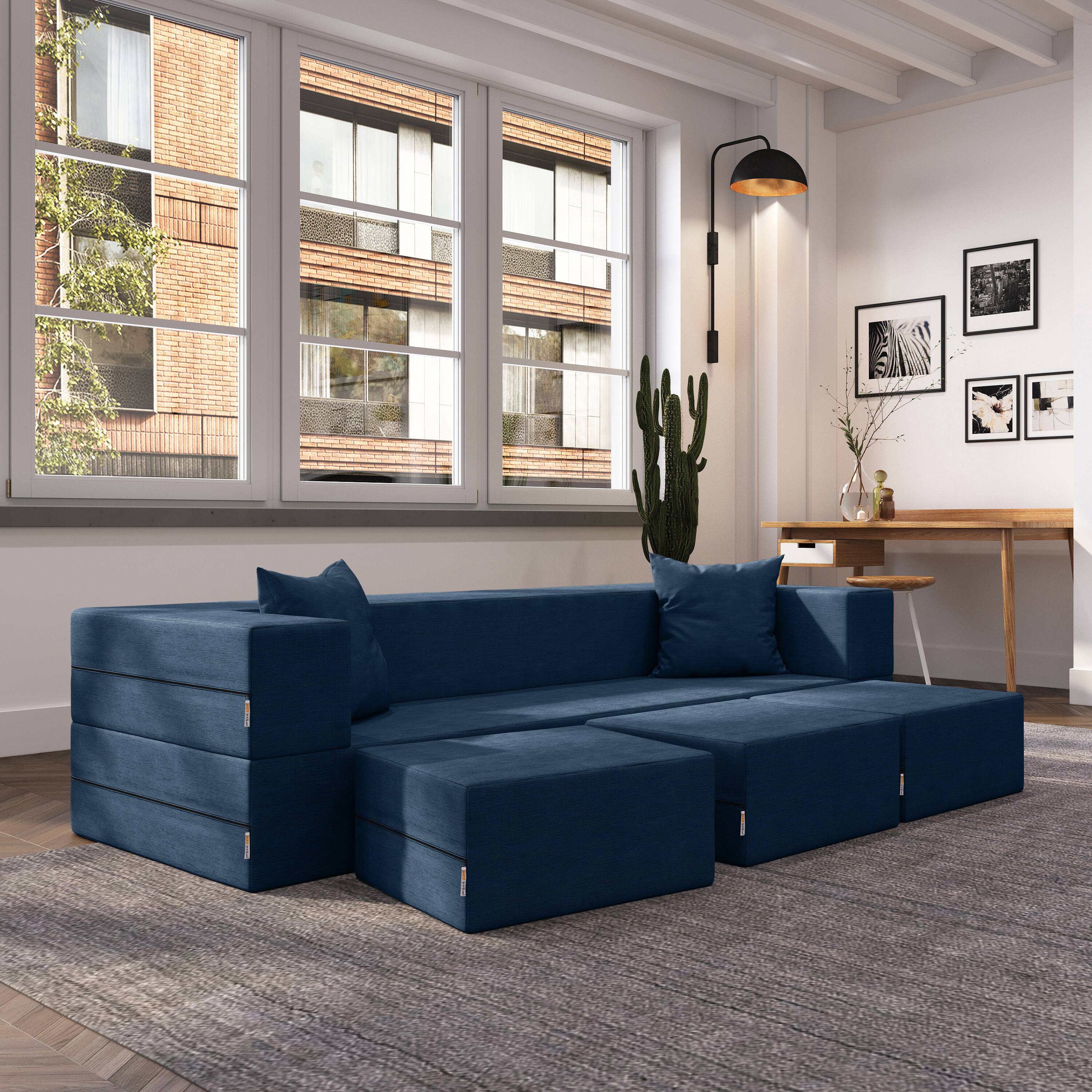 Left. Jaxx - Jaxx Zipline Convertible Sleeper Sofa & Three Ottomans/California King-Size Bed, Textured Microvelvet - Indigo - Indigo.