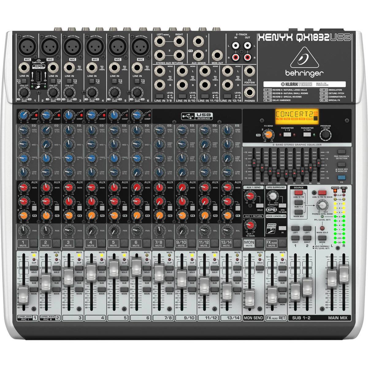 - TRACE - ENUT XENYX QX1832US0 0 U2 LING - E LIME - M LIE I Lten  
- CO ALDX AL 1N MISLEUT T.ME  
- LINE IN $/10 LNE  
- FOOTEW -- IN 13/14 mNES behringer KLARK I E - HC - RVE d SPETA ..  
- USB M CONCERT2 .. u 10 tu ES Eu D Eu D Eu Eu -- T ... T  
- 10 BAND STEREO GRAPHIC EQUALIZER -- C AUX AUIX AUx ALX ALUX AIX AUX AUX ALIXK ALUN  
- AM - - - -L  
- i XPO  
- T0 ALE NETURN i CECIO - I --. 1 - - - .  
- I 1 MUTE 2 MUTE 3 MUTE 4 MUTE 5 .. G MUTE 7/8 MUTE 9/10 MUTE 11/12 MUTE 13/14 MUTI MON  
- FX - 2 INOMAL R - .. - - -. - --