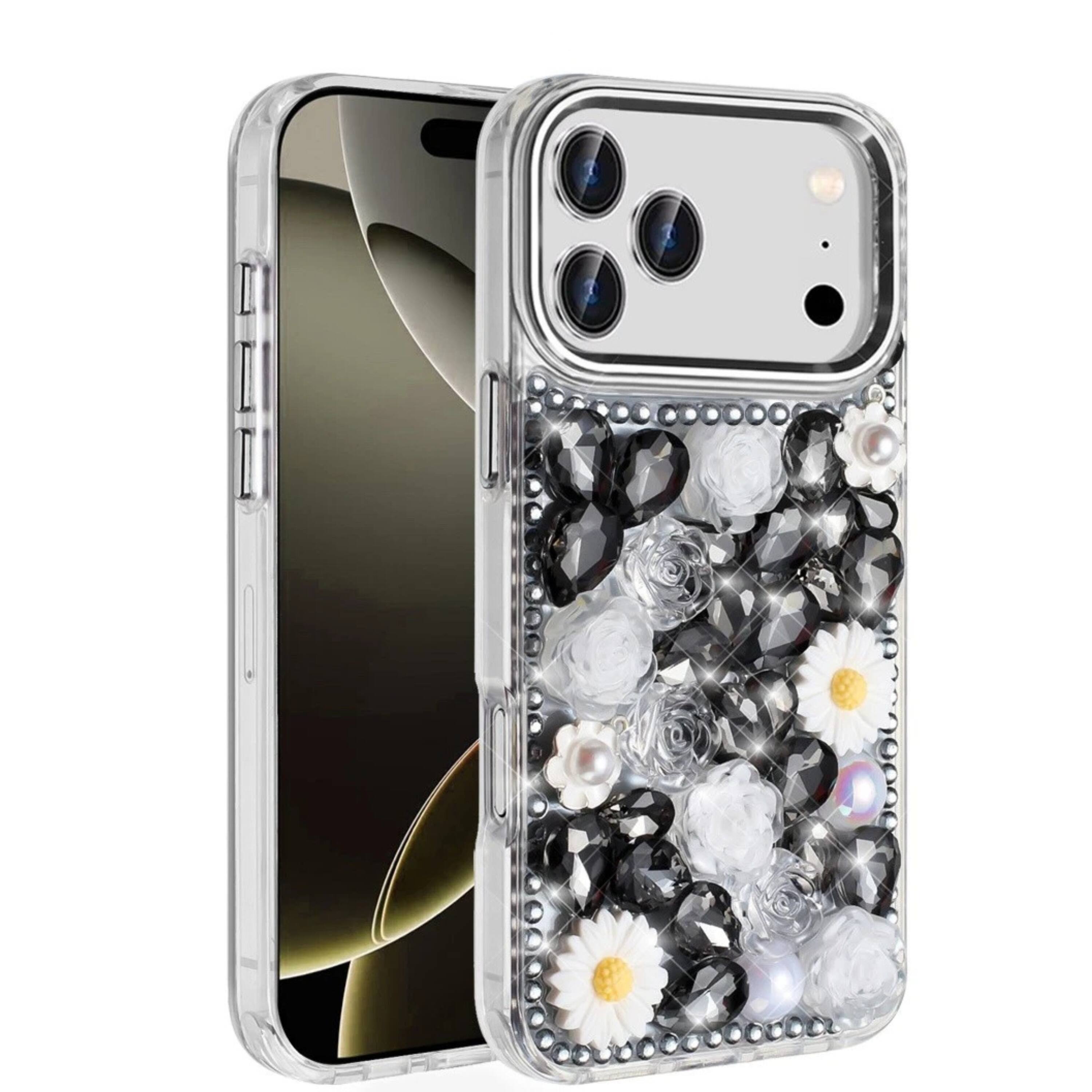 Front. Kitcheniva - Full Rhinestone Decorative Phone Case With Tempered Glass For iPhone 17 Pro Max Black - Black.