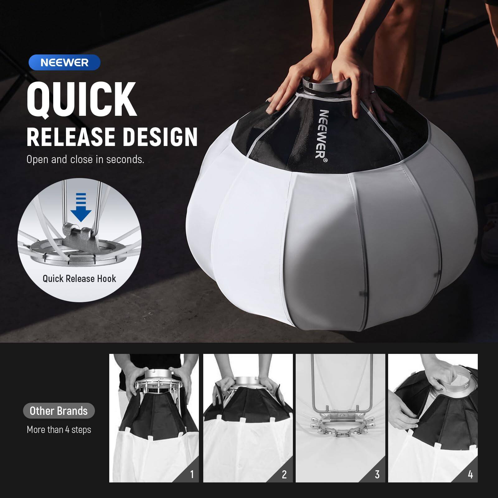 NEEWER QUICK RELEASE DESIGN  
Open and close in seconds.  

NEEWER Quick Release Hook  

Other Brands  
More than 4 steps  
1 2 3 4
