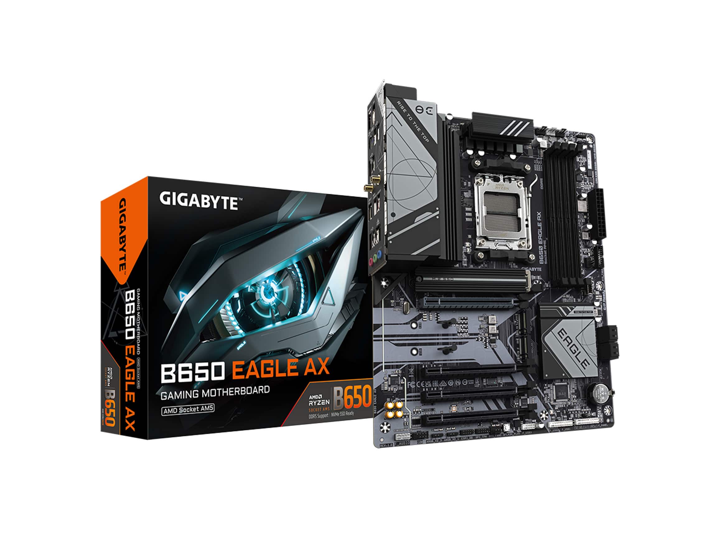 The image features a Gigabyte B650 Eagle AX gaming motherboard, which is designed for AMD Ryzen processors. The motherboard is displayed next to its box, showcasing its features and specifications. The B650 Eagle AX is a powerful and high-performance motherboard that is ideal for gamers and enthusiasts looking to build a top-notch gaming PC.
