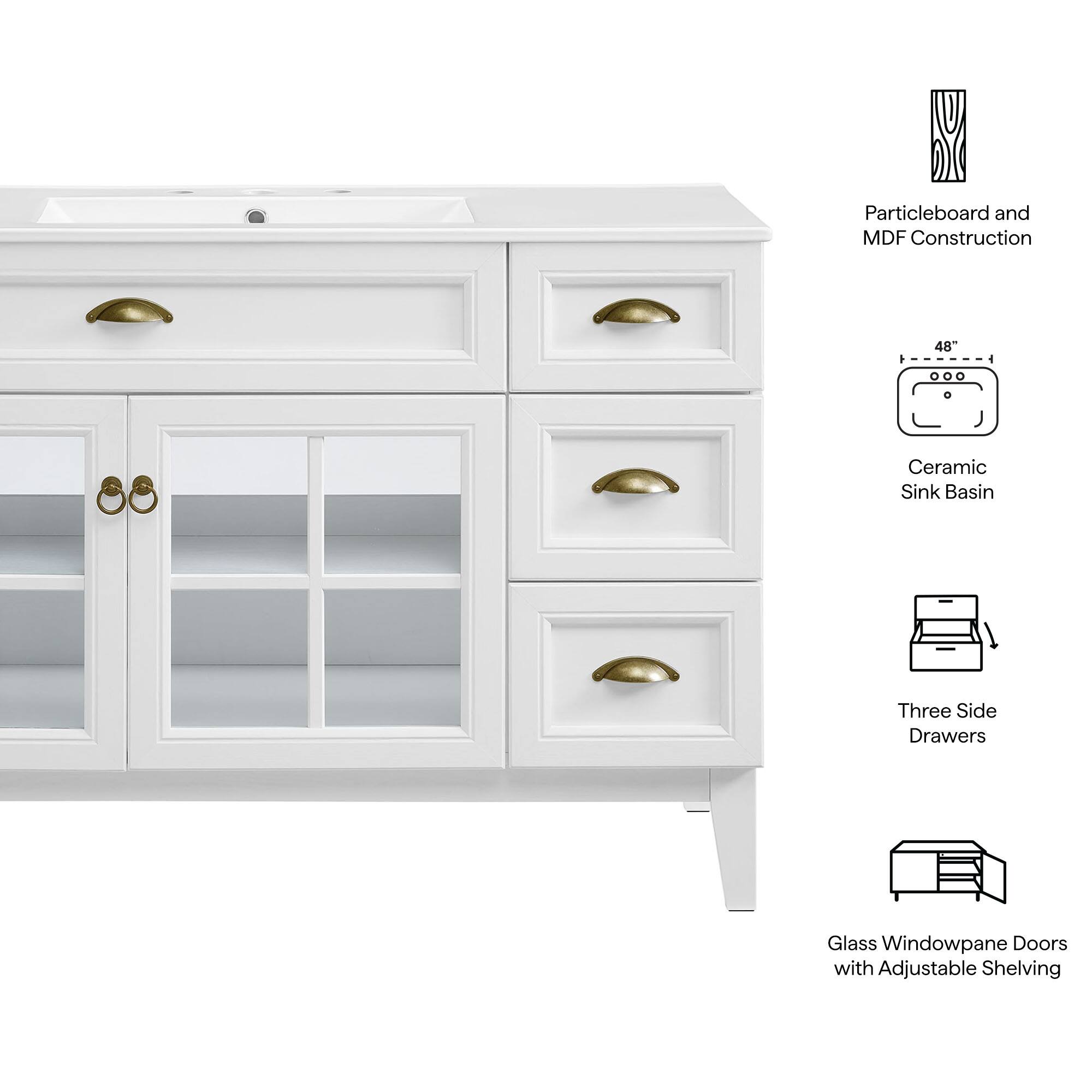 Particleboard and MDF Construction - 48" Ceramic Sink Basin, Three Side Drawers, Glass Windowpane Doors with Adjustable Shelving