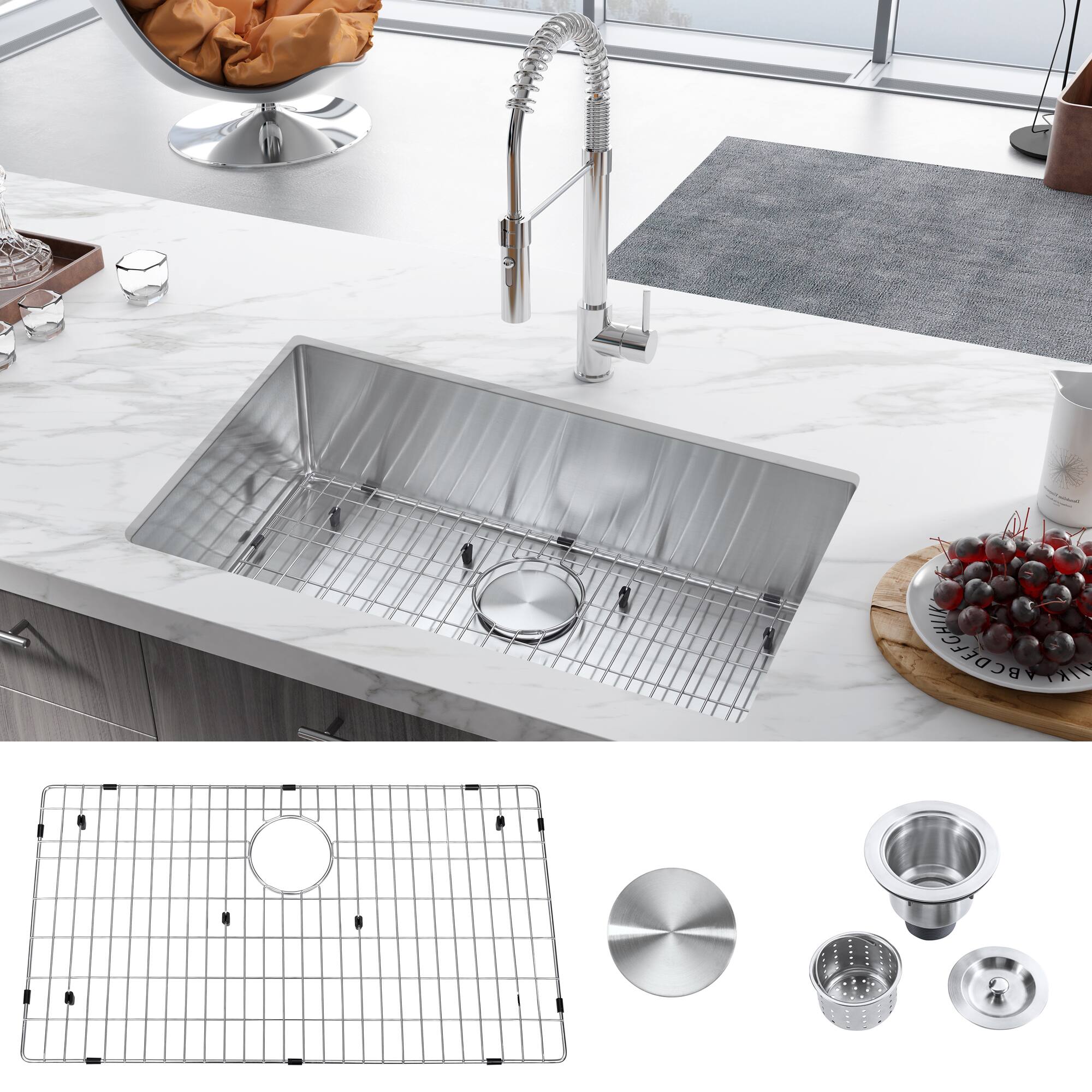Angle. Akicon - Akicon 30 in. Undermount Single Bowl 18-Gauge Brushed Stainless Steel Kitchen Sink with Bottom Grid and Basket Strainer - Silver.