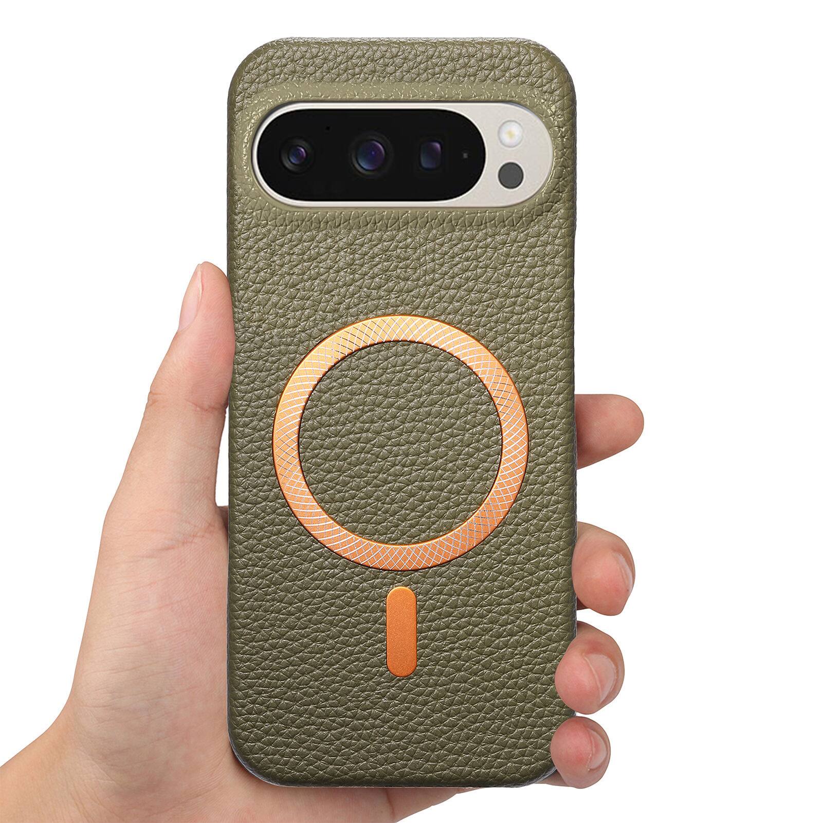 Alt View 1. Dteck - Lychee Texture Case for Google Pixel 10 Pro, Premium PU Leather Magnetic Shockproof Hard PC Cover with Raised Edges - Midnightgreen.