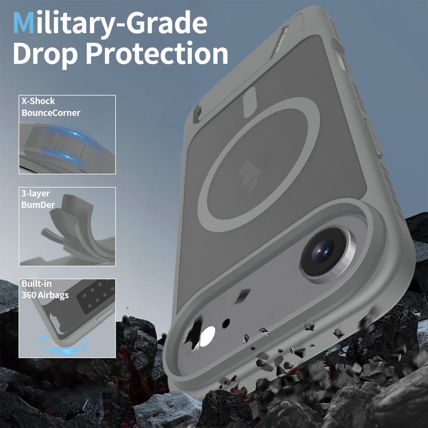 Military-Grade Drop Protection  
X-Shock BounceCorner  
3-layer BumDer  
Built-in 360 Airbags