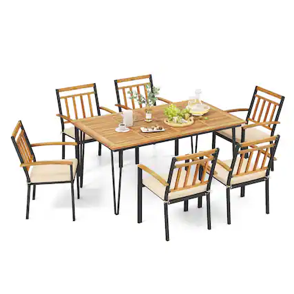 Front. Costway - 7 PCS Patio Dining Set with Acacia Wood Dining Table Rattan Armchairs Soft Cushions - Natural + Black.
