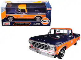 1979 Ford F-150 Custom Pickup Truck "Gulf" Dark Blue and Orange 1/24 Diecast Model Car by Motormax
