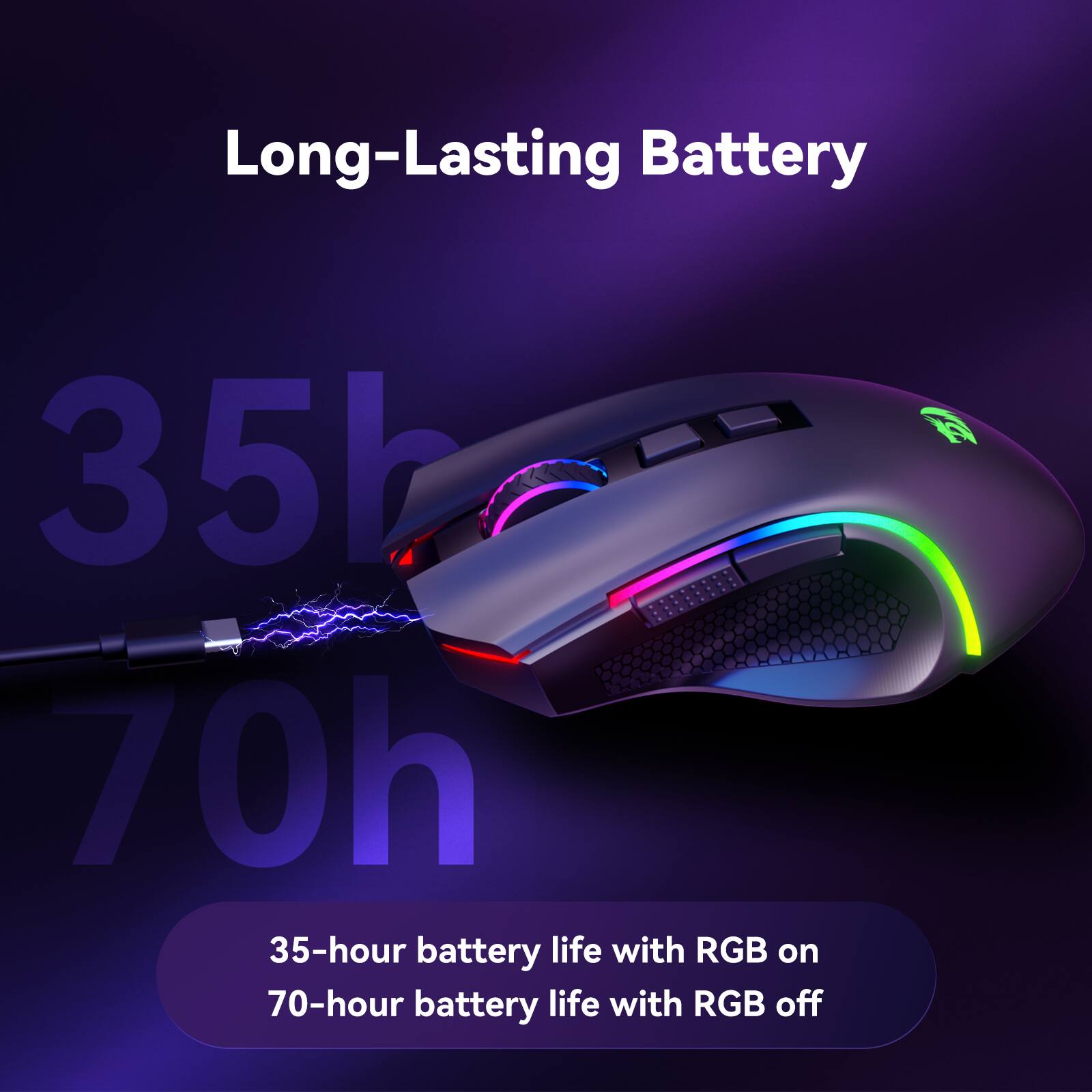 Long-Lasting Battery: 35h 70h 35-hour battery life with RGB on 70-hour battery life with RGB off