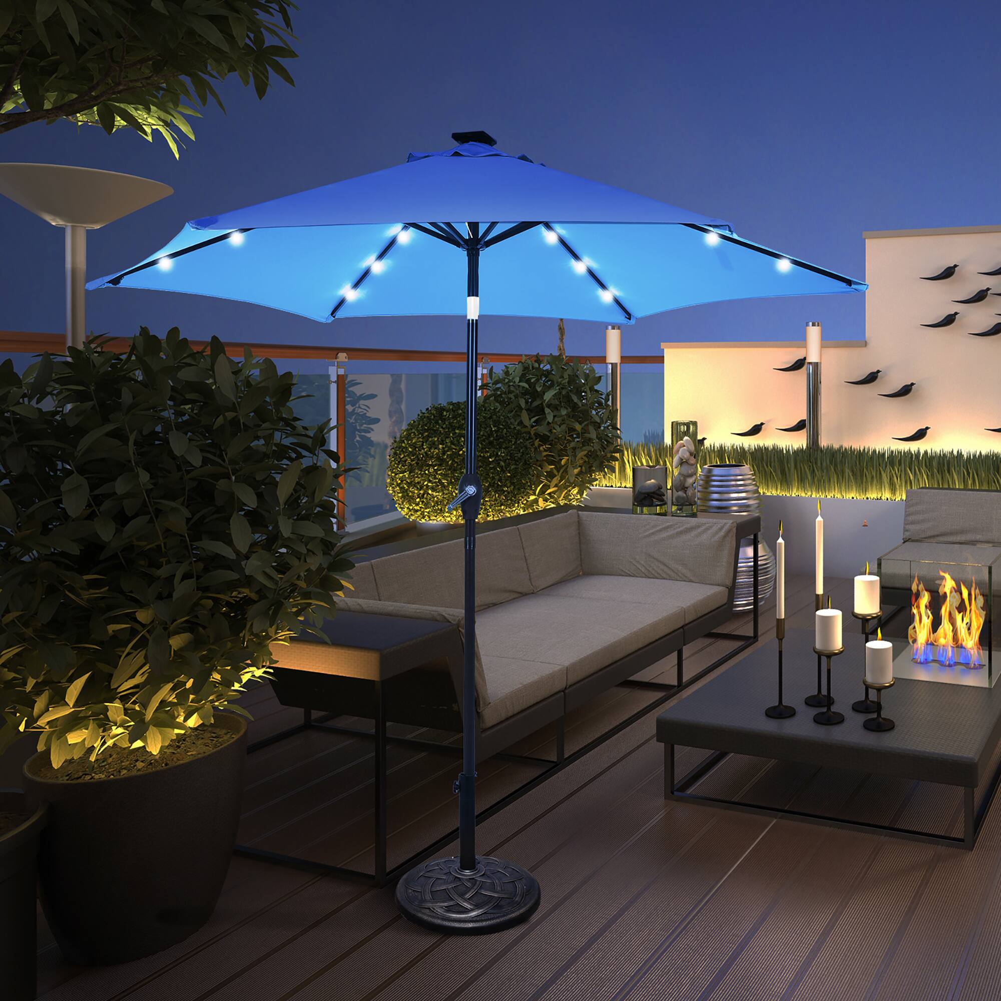 Alt View 3. Costway - 9' Solar LED Lighted Patio Market Umbrella Tilt Adjustment Crank Lift - Blue.