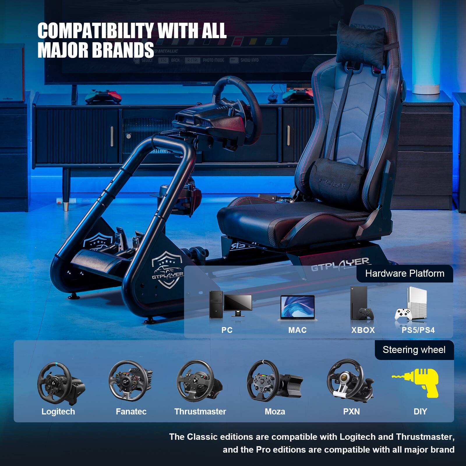 Compatibility with all major brands. The Classic editions are compatible with Logitech and Thrustmaster, and the Pro editions are compatible with all major brands.