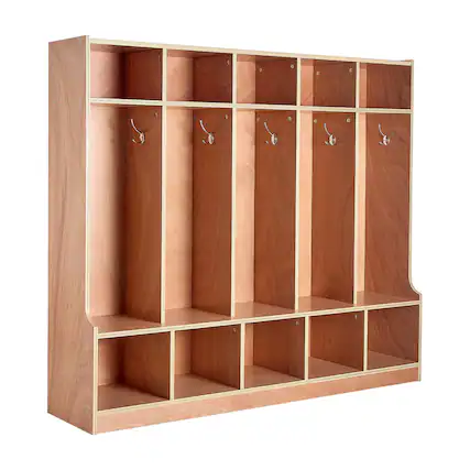 Front. VEVOR - 5-Section Kids Coat Locker, Wooden Toddler Cubby Storage Organizer with 10 Hooks & Non-Slip Mat, for Home, Kindergarten - Natural Wood.
