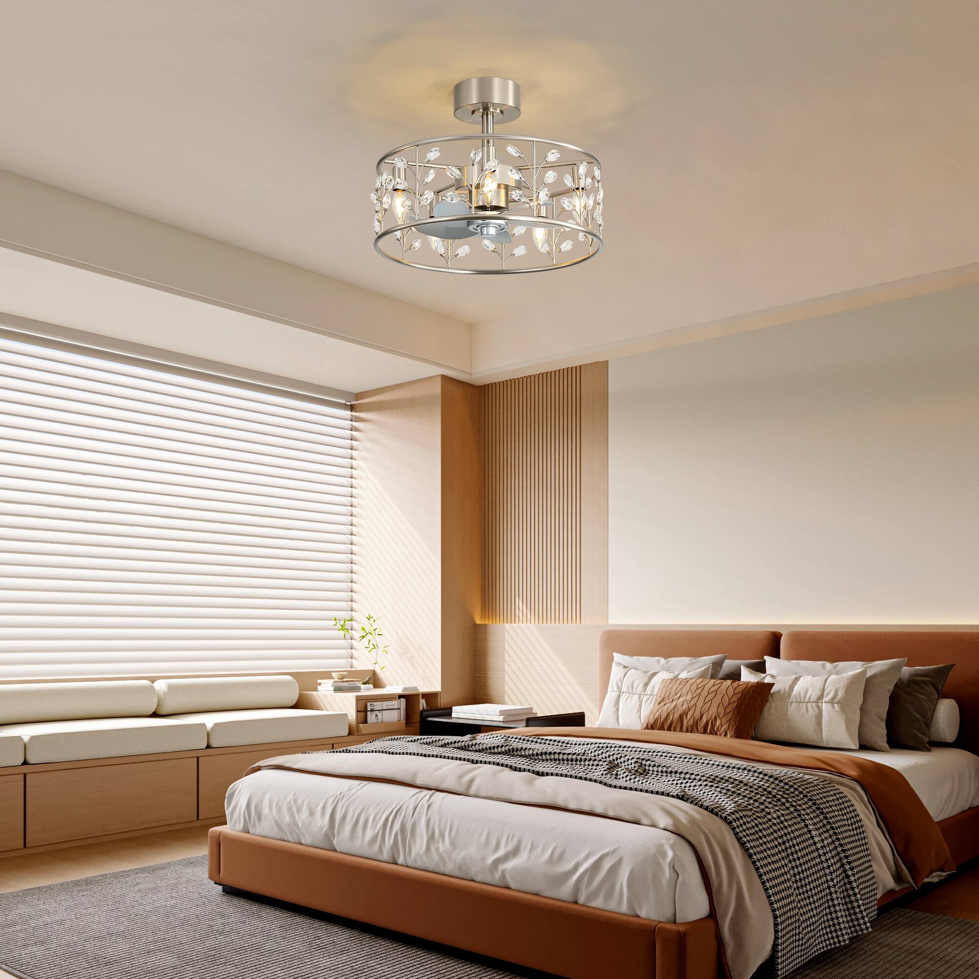 Left. Breezary - 20-Inch Cage Ceiling Fan with 5-Light Fixture, Crystal Accents, 5 ABS Blades, DC Motor, 6 Speeds and Remote Control - Satin Nickel and Silver.