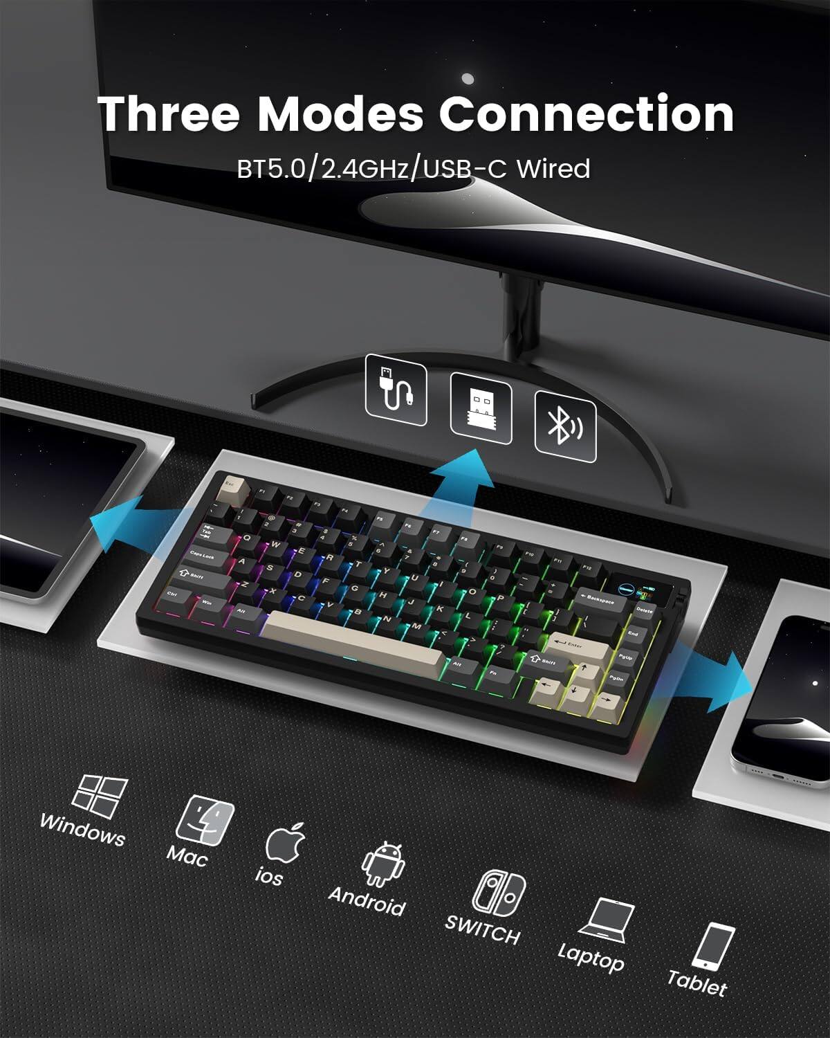 Three Modes Connection BT5.0/2.4GHz/USB-C Wired

- Windows
- Mac
- iOS
- Android
- SWITCH
- Laptop
- Tablet