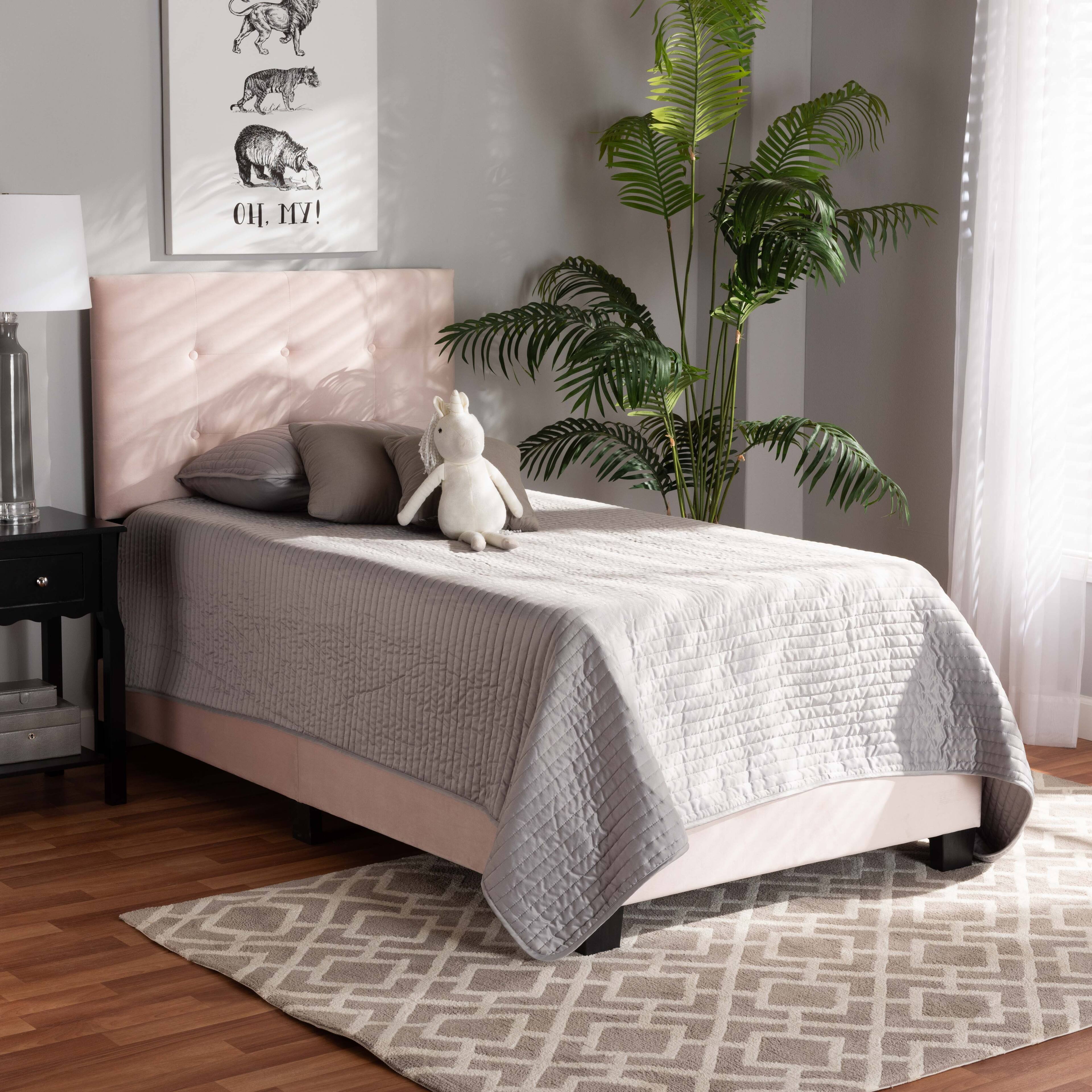 Alt View 2. Baxton Studio - Caprice Modern and Contemporary Glam Velvet Fabric Upholstered Panel Bed - Light Pink/Black.