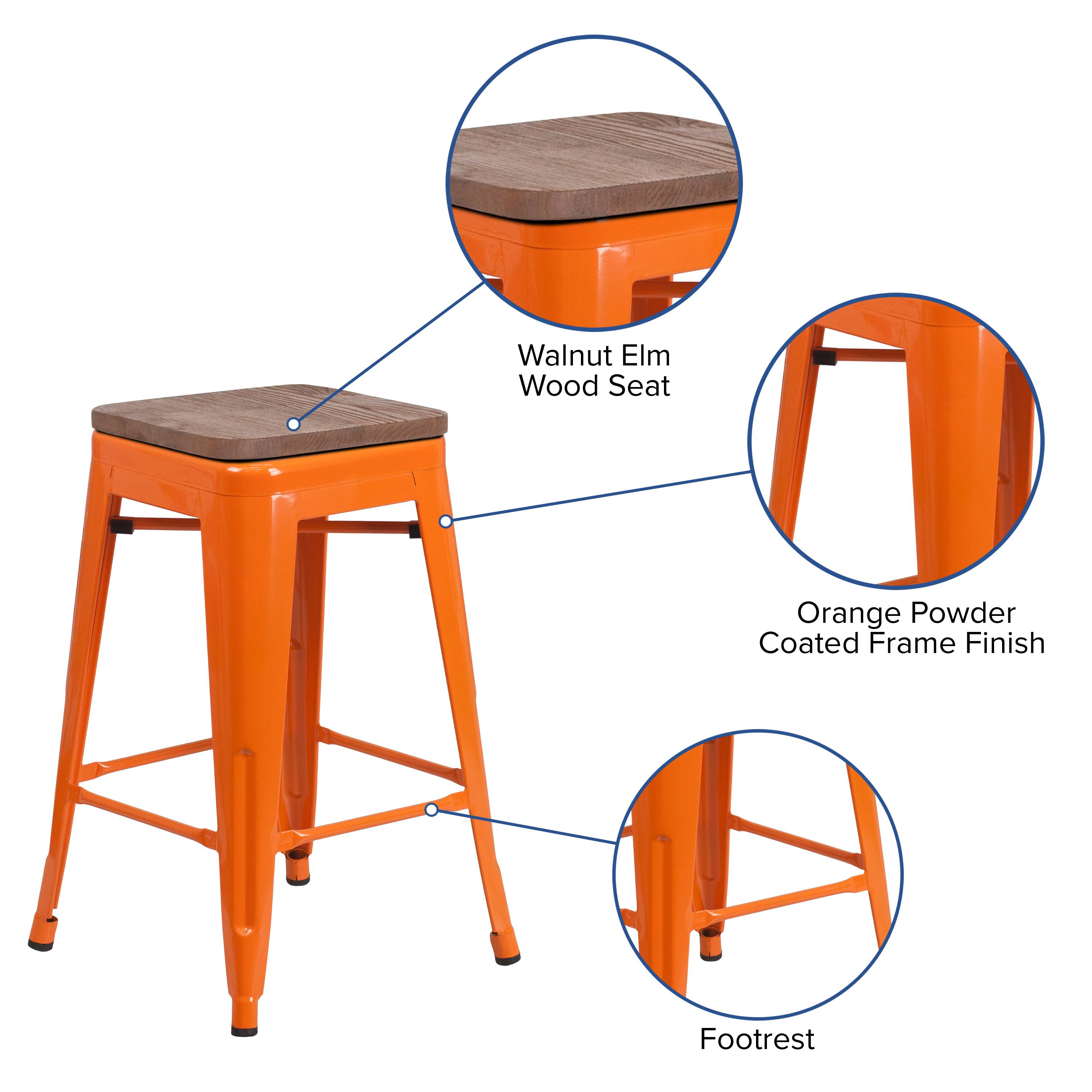 Walnut Elm Wood Seat  
Orange Powder Coated Frame Finish  
Footrest
