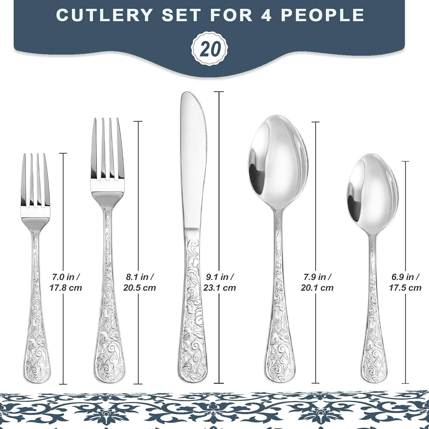 CUTLERY SET FOR 4 PEOPLE

- 7.0 in / 17.8 cm
- 8.1 in / 20.5 cm
- 9.1 in / 23.1 cm
- 7.9 in / 20.1 cm
- 6.9 in / 17.5 cm