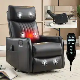GOODSILO - Faux Leather Heat Massage Manual Recliner Chair with Rocker and Swivel Function for Living Room Comfort - Black PU