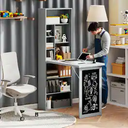 GOODSILO - Space-Saving Fold-Out Wall Mounted Convertible Office Desk with Storage Shelf and Blackboard - Charcoal Grey