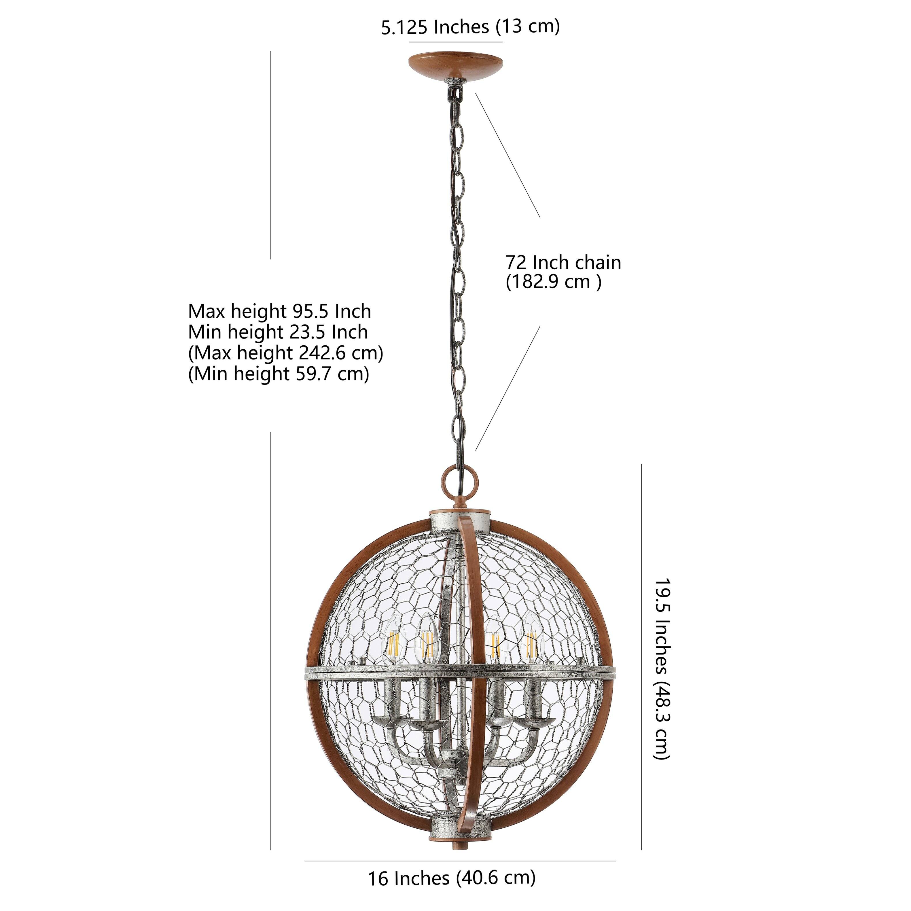 5.125 Inches (13 cm)  
Max height 95.5 Inch  
Min height 23.5 Inch  
(Max height 242.6 cm)  
(Min height 59.7 cm)  
72 Inch chain (182.9 cm)  
19.5 Inches (48.3 cm)  
16 Inches (40.6 cm)