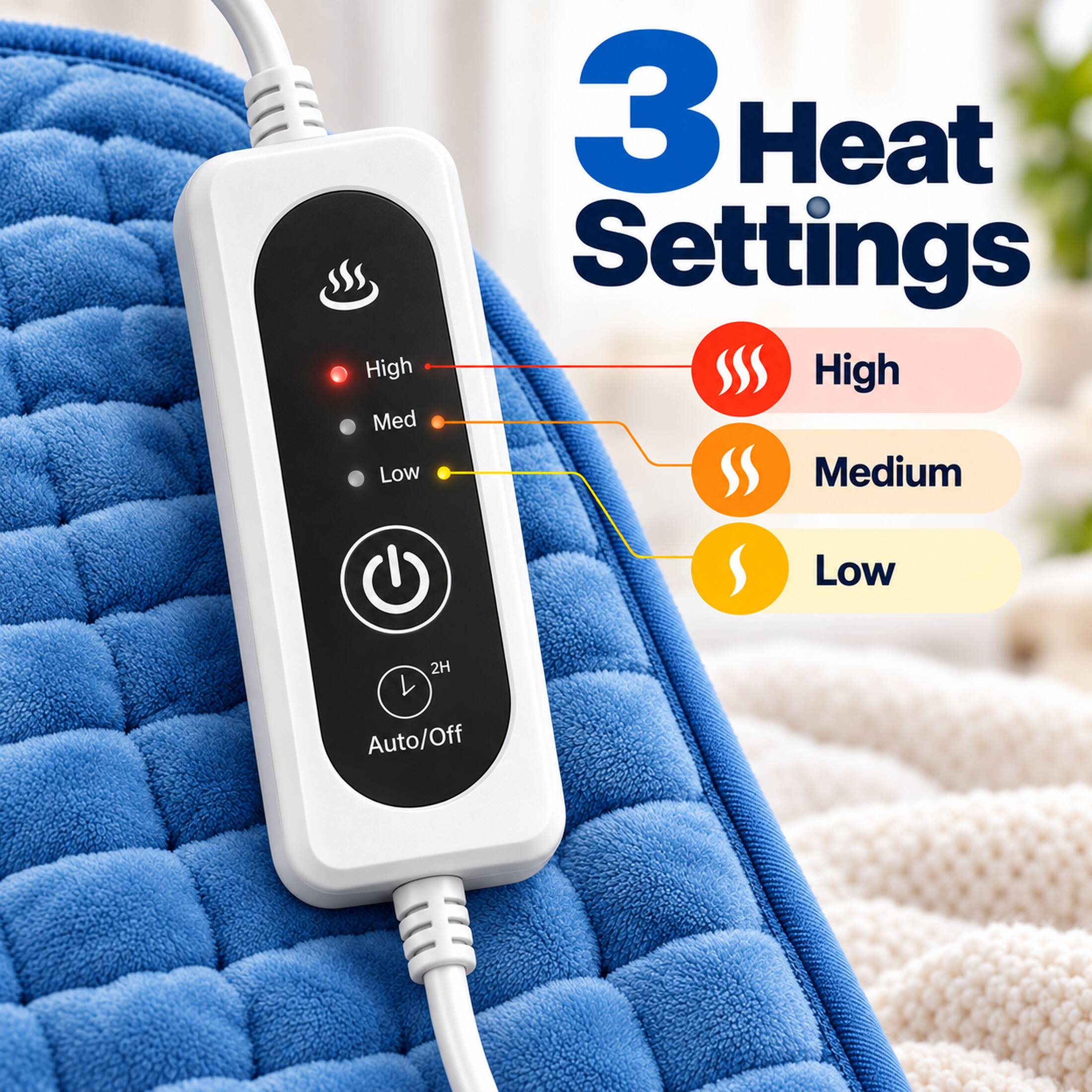3 Heat Settings  
High  
Medium  
Low  
2H  
Auto/Off