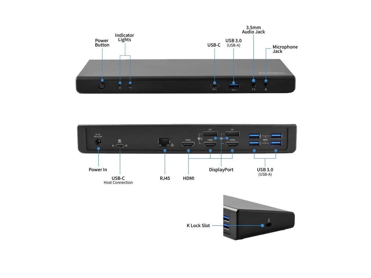 Indicator Power Lights  
Button  
3.5mm Audio Jack  
USB 3.0 (USB-A)  
USB-C  
Microphone Jack  

DP  
HDMI  
RJ45  
USB 3.0 (USB-A)  
USB-C Host Connection  
Power In  
K Lock Slot