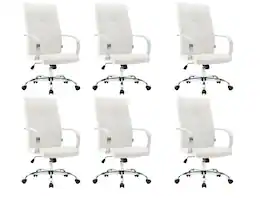 LeisureMod - Set of 6 Sonora High-Back Ergonomic Leather Upholstered Desk Office Chair with Chrome Finish Base for Home Office - White