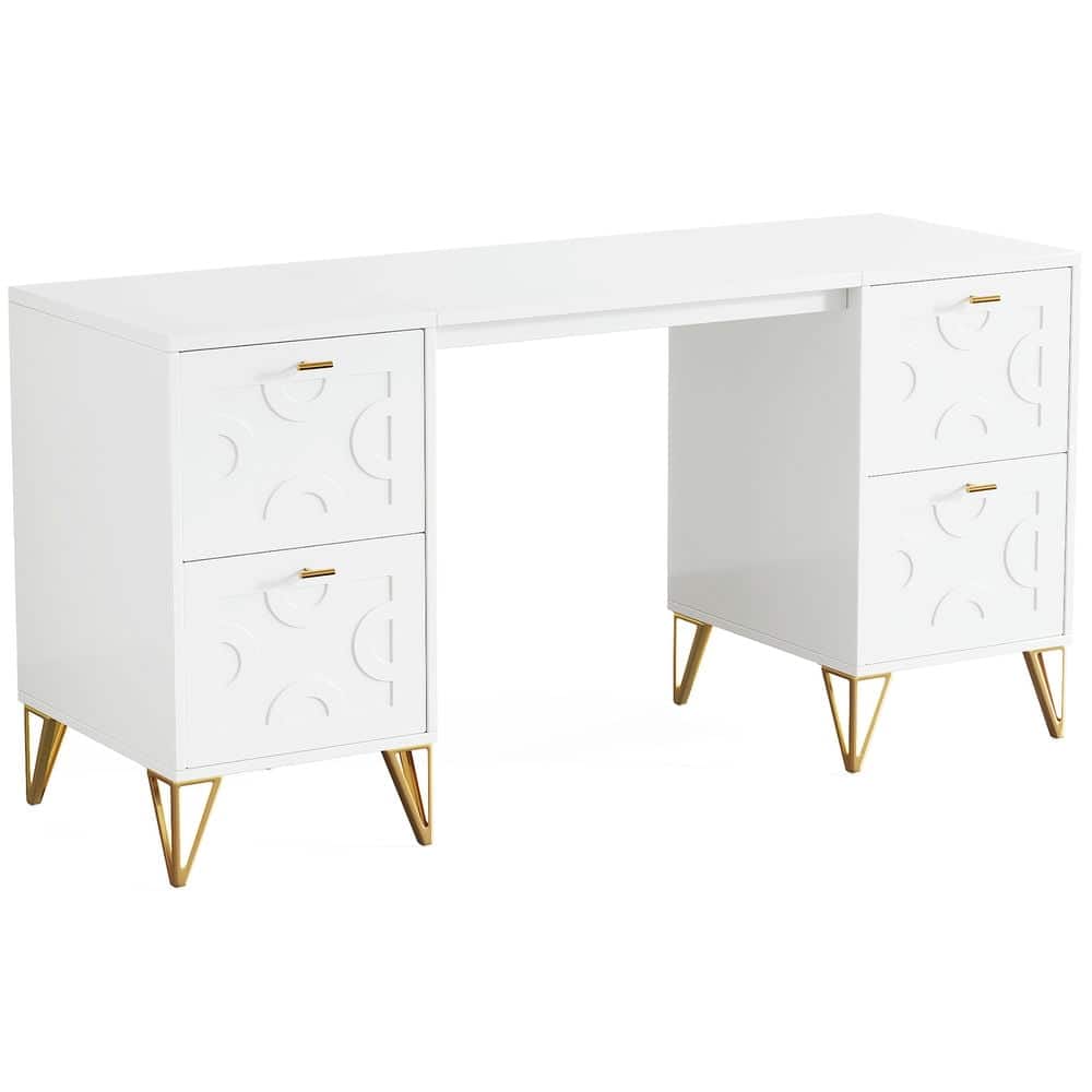 Resenkos - Kadyn Study Writing Desk 59" Computer Desk with File Drawers, Wood Executive Desk for Home Office - White