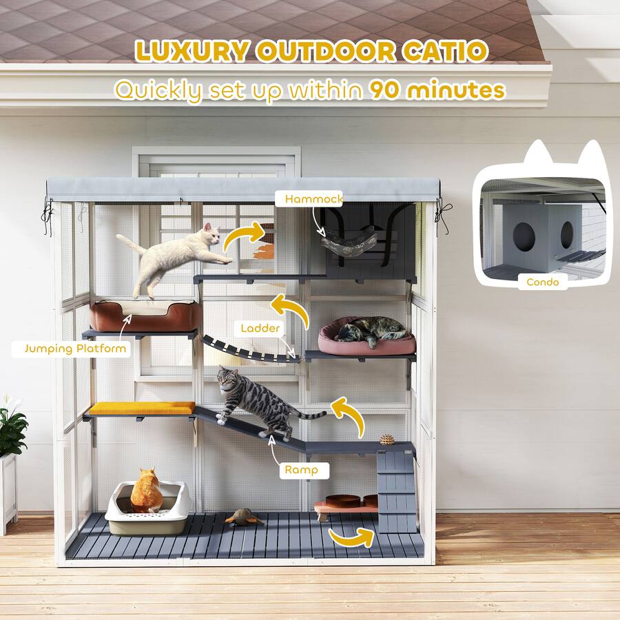 Outdoor Ramp Enclosure Pawhut Outdoor Catio Cat Enclosure with Hammock, Condo, Jump Platforms ...
