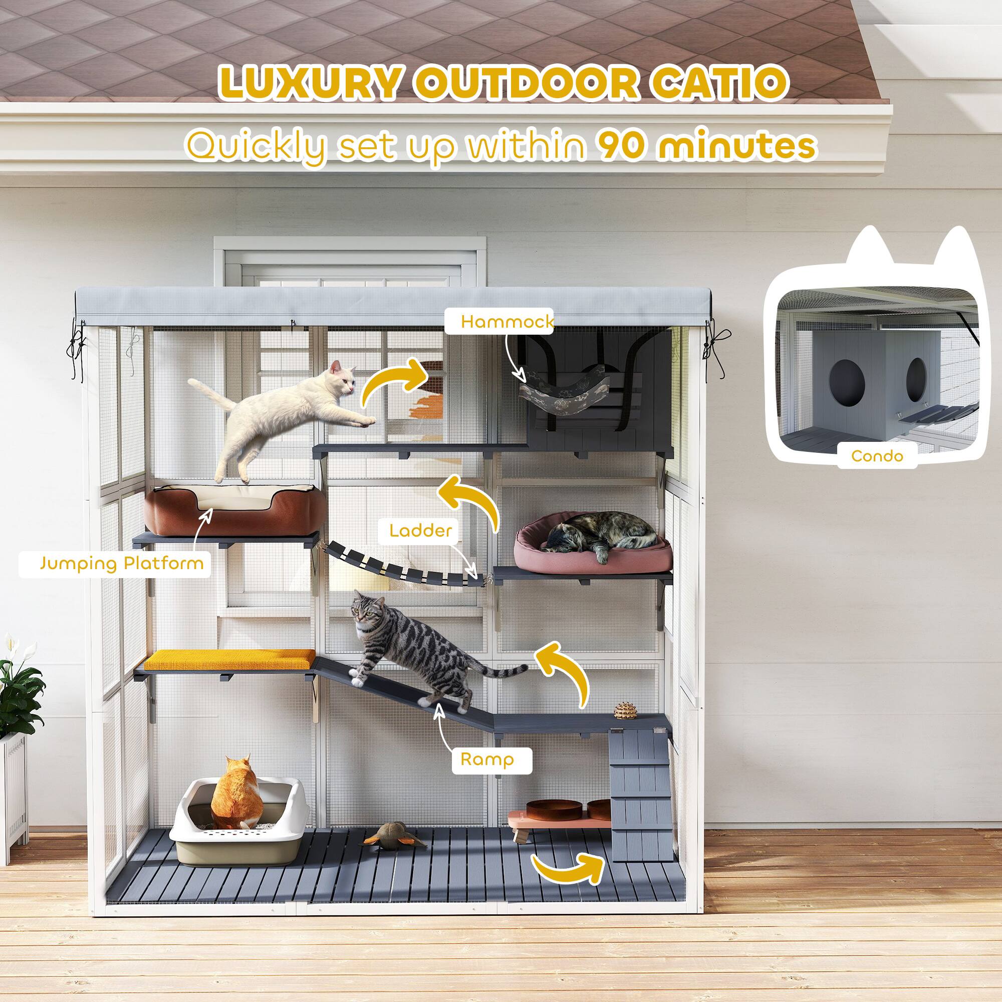 LUXURY OUTDOOR CATIO  
Quickly set up within 90 minutes  

- Hammock  
- Condo  
- Ladder  
- Ramp  
- Jumping Platform