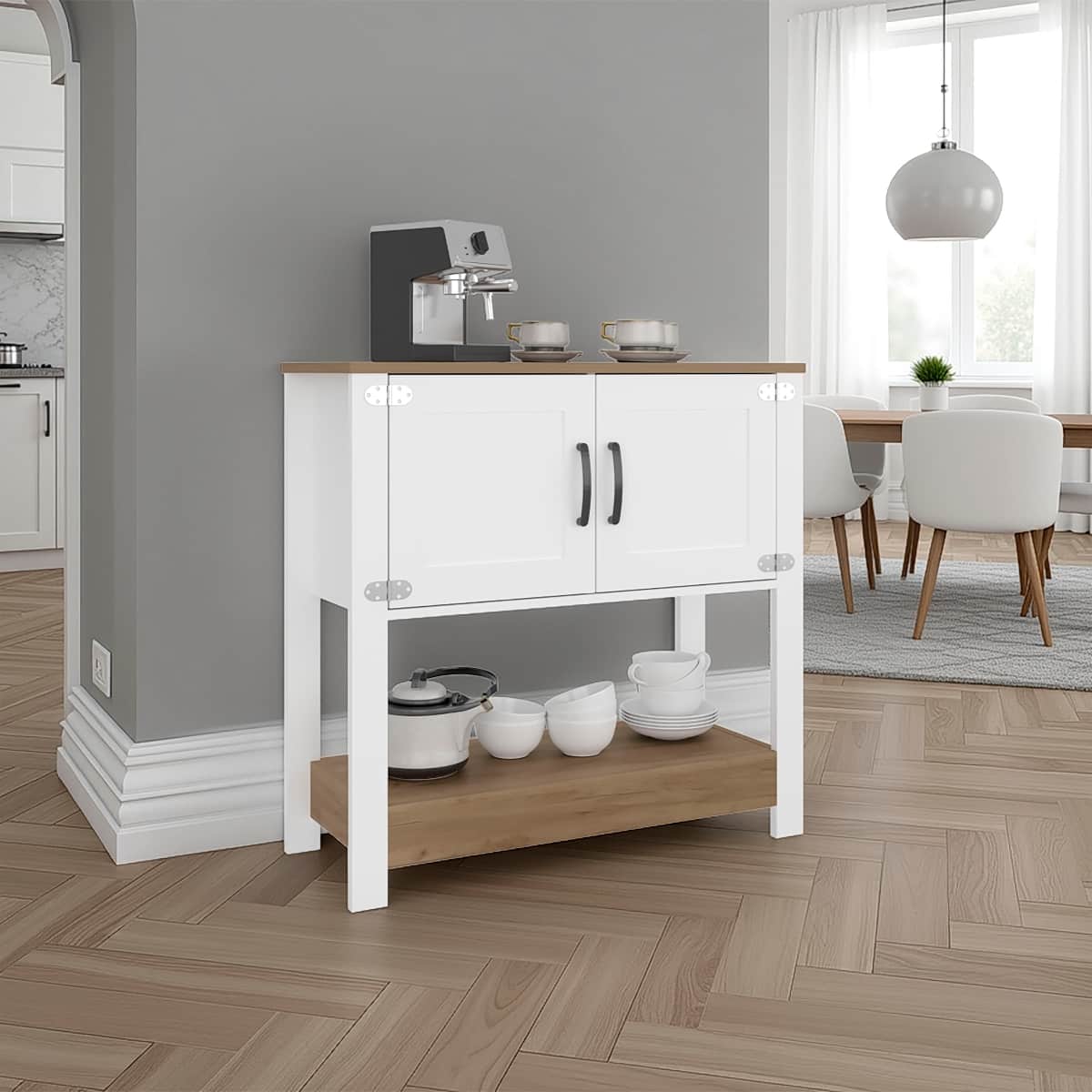 Loheer - oak coffee station coffee bar cabinet with storage doors 35 Inch - White and Natural